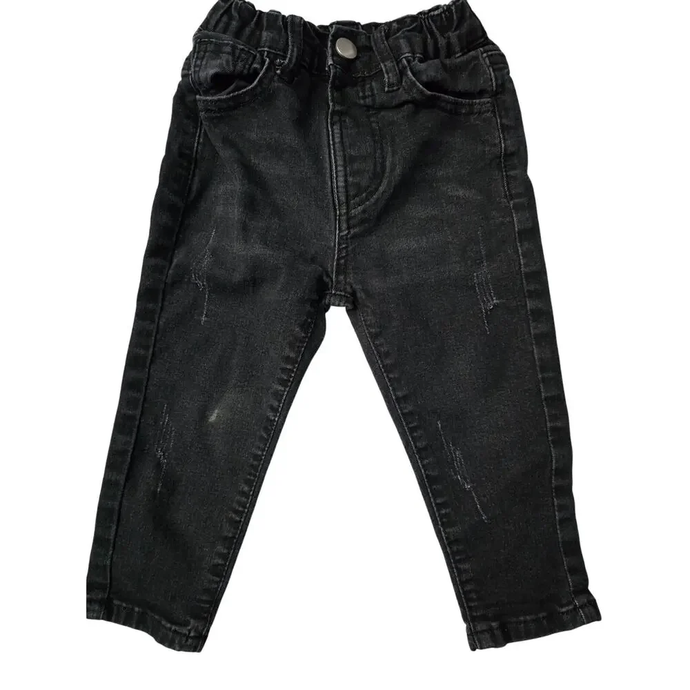 SHEIN Toddler Jeans 2-Pack Size 90 Gray Acid Wash Black Distressed Elastic Waist